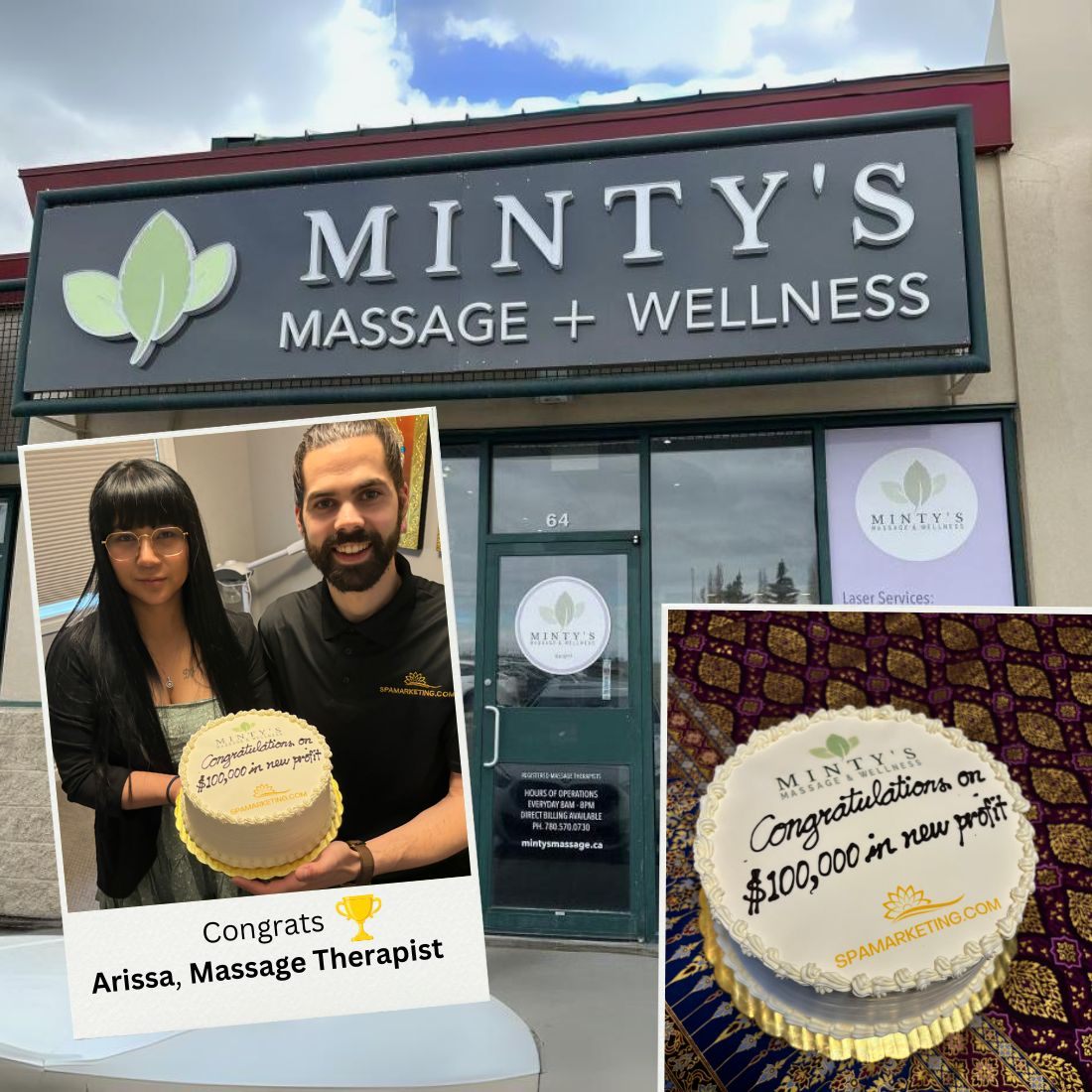 Arissa, Registered Massage Therapist in Sherwood Park, celebrating $100,000 in new profit with the Spamarketing.com team